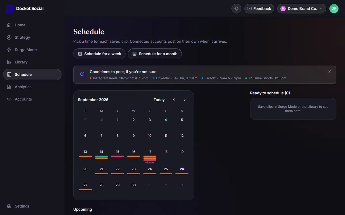 Screenshot of the Docket Social schedule calendar