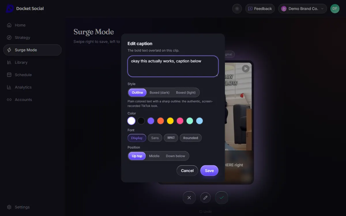 Screenshot of the Docket Social caption editor