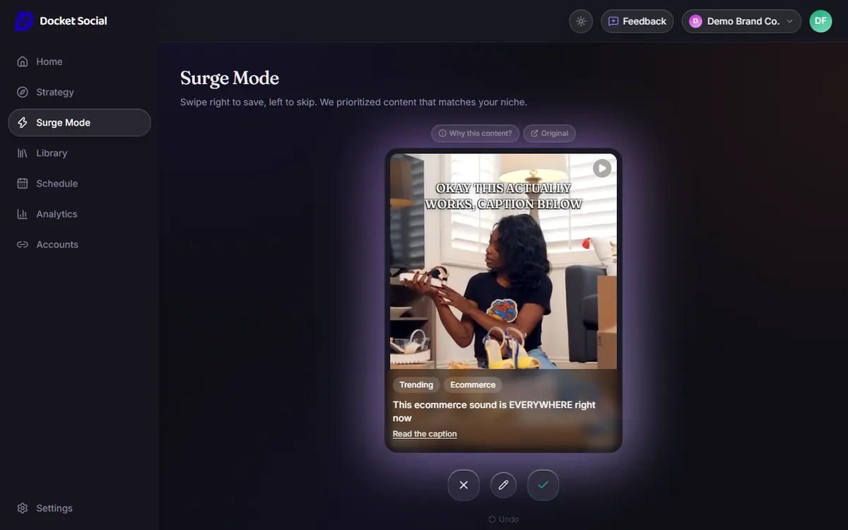 Screenshot of the Docket Social Surge Mode swipe deck